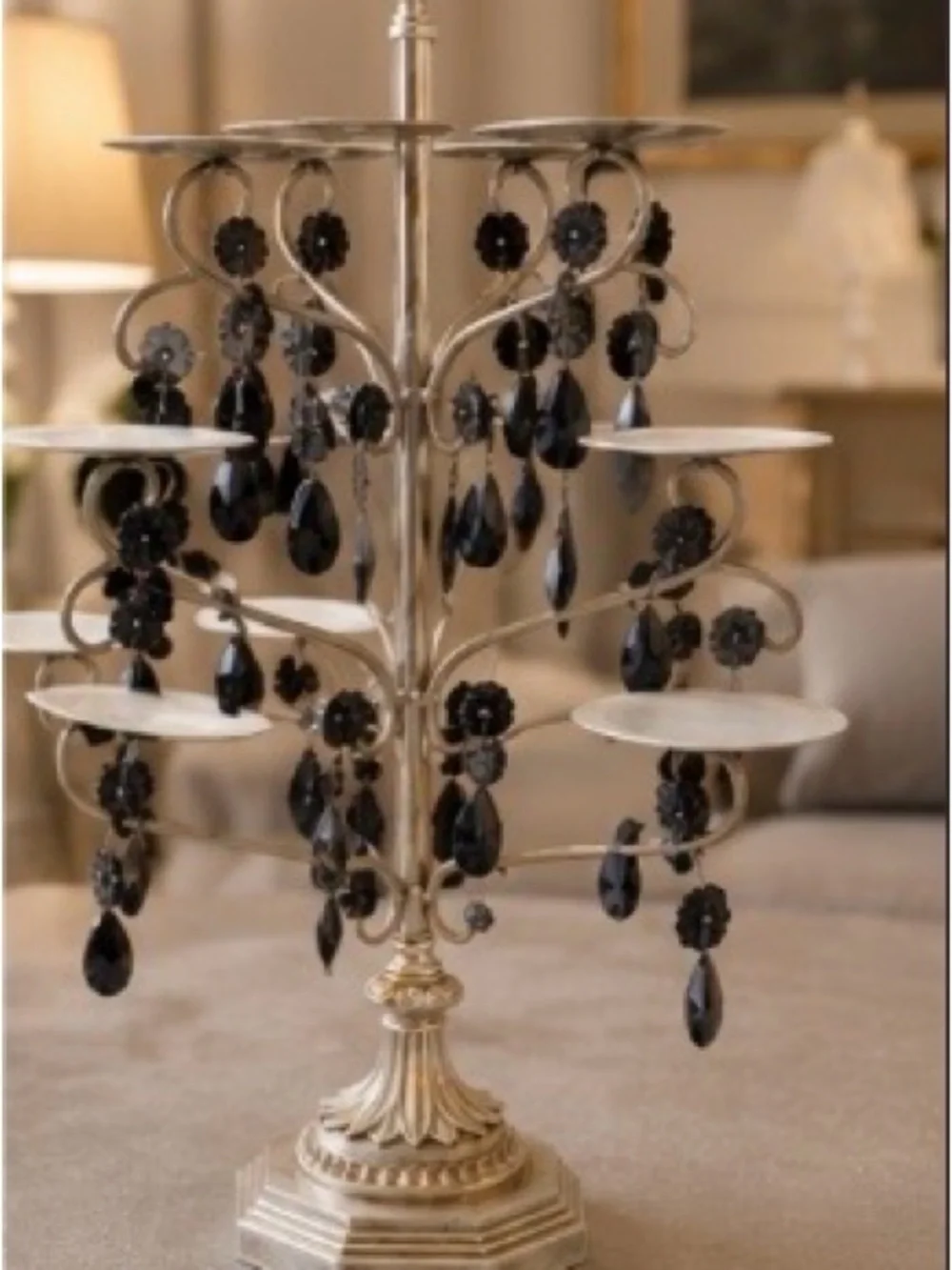 Silver Tiered Candelabra with Black Teardrop Crystals- gorgeous